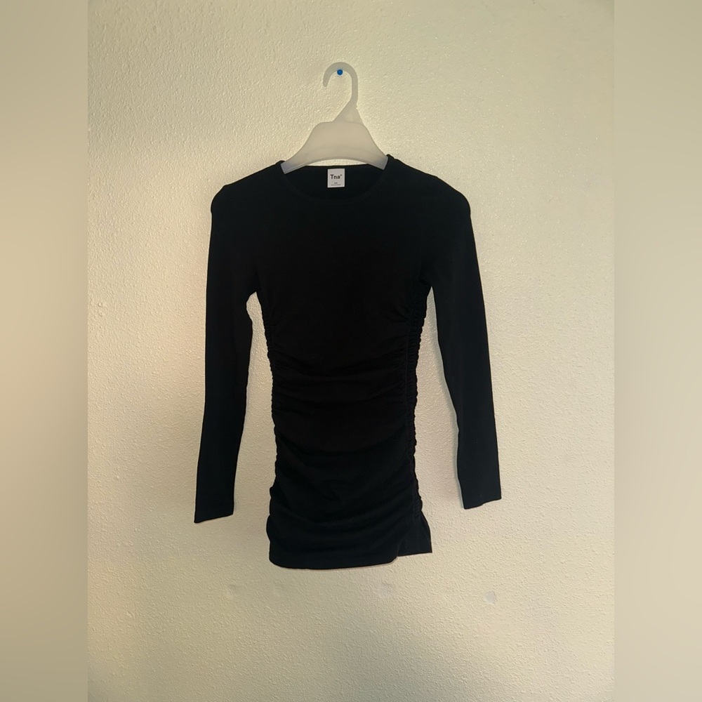 TNA 2XS long sleeve scrunchy mini dress black